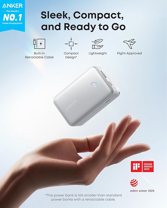 Anker Nano Power Bank, 10,000mAh Portable Charger with 2.3 ft InstaCord Retractable Cable, 45W Max Compact Battery Pack, Smart Display, for iPhone 16 Series, iPad, Galaxy, Pixel, and More