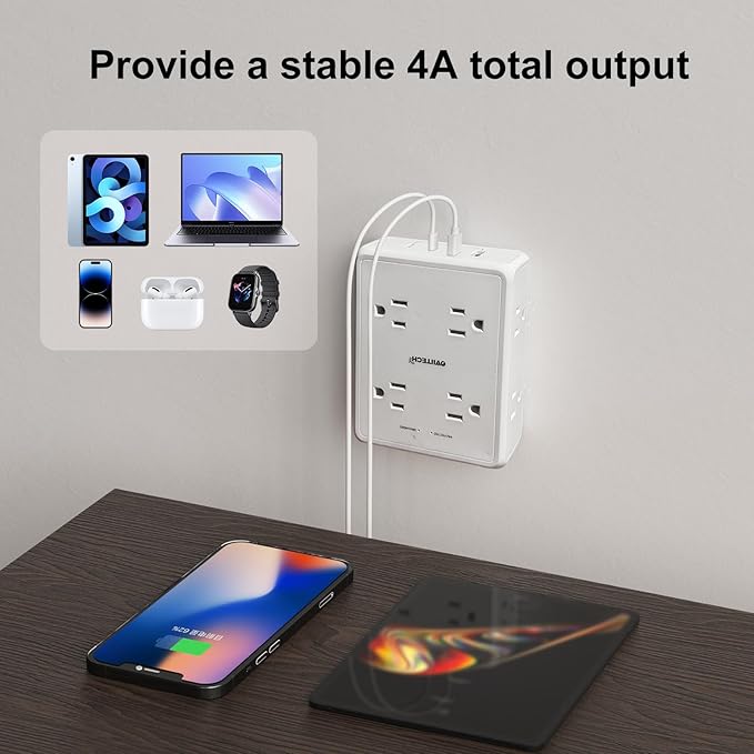 Multi Plug Outlet Extender Surge Protector Adapter, 8 Outlet with 4 USB Ports (2 USB C) 1350J Power Strip Wall Charger Spaced for Travel,Home, Office, Dorm Room, White