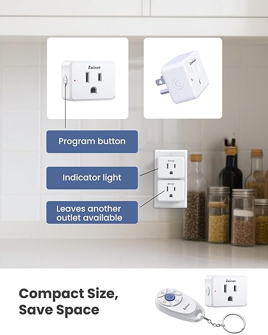 Mini 3-Gang Remote Control Outlet Plug Switches, Mini Key Design, Expandable Wireless Light Switches, No Wiring No WiFi, 300 ft, 15A/1500W, for Household Appliances