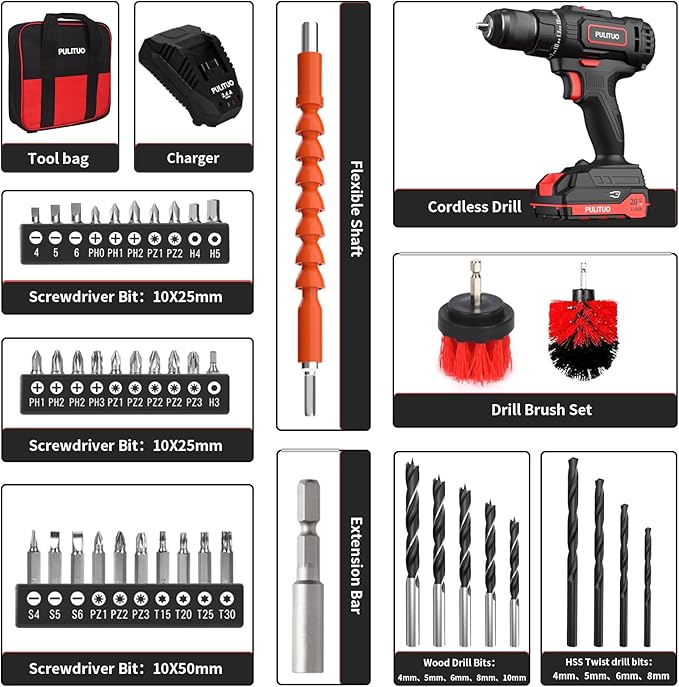 PULITUO Cordless Drill Set, 20V/2.0Ah Electric Power Drill, Torque 45N.m, 25+1 Torque Setting,1/2” Keyless Chuck, 2 Variable Speed Setting, with 43 PCS Bits, Storage Bag