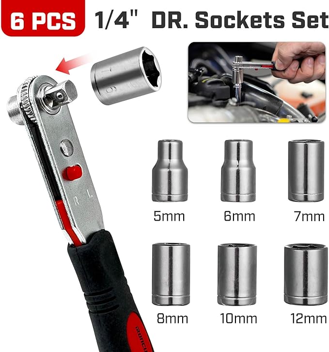 6 Pcs Scoket Set, 1/4" Drive, 5-6-7-8-10-12mm with 1 Pcs Adpter for Interchangeable Ratchet Screwdriver Set