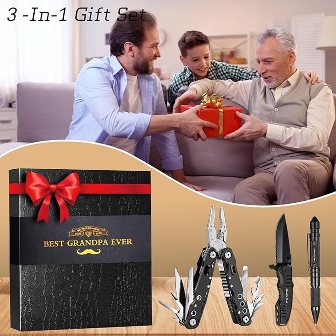 Multitools Gifts Set for Papa with 14-In-1 Multi-Pliers, Pocket Knife, Tactical Pen, Gifts for Grandfather Stocking Stuffers Multi-tools Kit(BEST GRANDPA EVER)