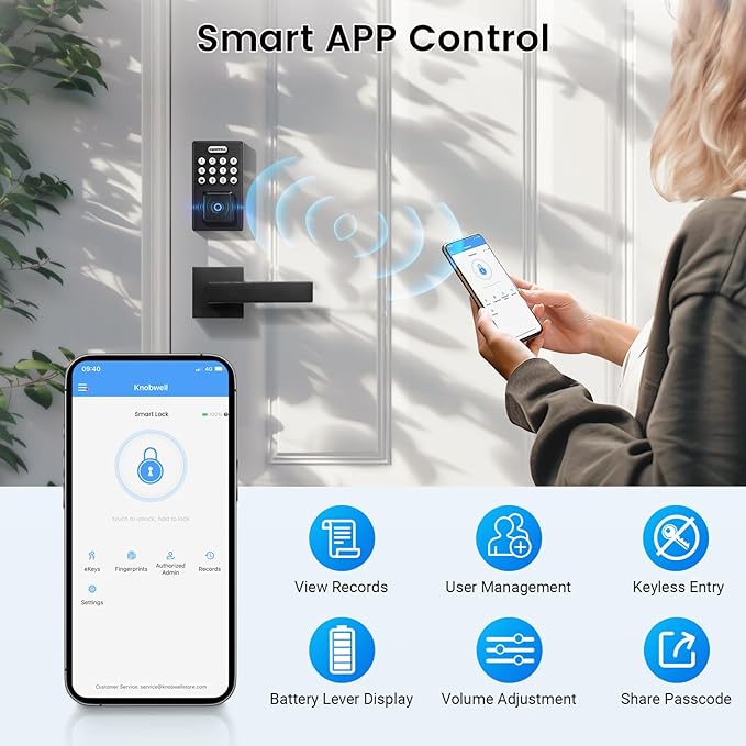 KNOBWELL Smart Fingerprint Door Lock with Lever Handle, Keyless Entry, Biometric Keypad, Electronic Deadbolt Lock,Matte Black