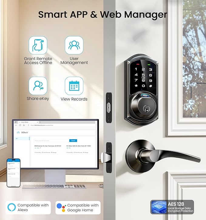 Veise VE07 Fingerprint Smart Door Lock, 7-in-1 Keyless Entry Deadbolt with App Control, Electronic Digital Touchscreen Keypad, Biometric Smart Locks for Front Door, Auto Lock, Matte Black