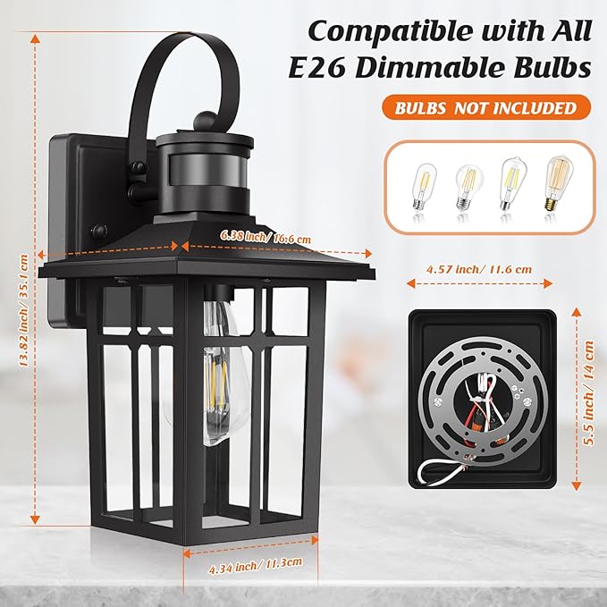 Outdoor Light Fixture Motion Sensor, 2-Pack Exterior Motion Sensor Outdoor Lights, Aluminum Outdoor Garage Lights Motion Sensor, ETL Listed Dusk to Dawn Outside Lights for House, Garage, Porch