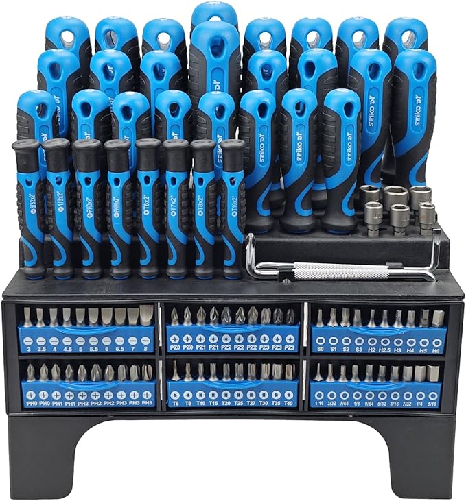 100-Piece Screwdriver Set with Storage Rack, Includes Slotted, Phillips, T-shaped, Z-shaped, Hex, Torx, Square, Precision, Ratchet Screwdriver or Bits, Nut Drivers, Ideal for Household Repair (Blue)