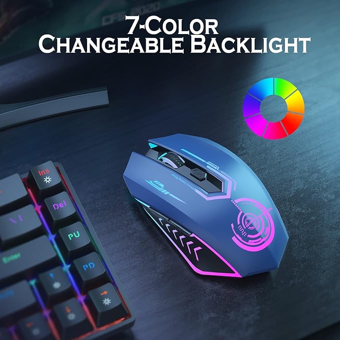 UHURU Gaming Mouse, Wireless Gaming Mouse with 6 Buttons 7 Changeable LED Color up to 10000 DPI, Rechargeable USB Gamer Mouse for PC Laptop (Blue)