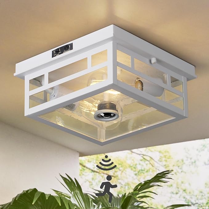 Outdoor Flush Mount Motion Sensor White Ceiling Light - Timeless Industrial Design with Seeded Clear Glass for Your Porch, Driveway, Covered Patio, Farmhouse, and Entryway