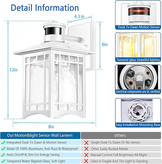 2 Pack White Outdoor Wall Lights with Motion Sensor - Dusk to Dawn Lighting, Modern LED Exterior Light Fixture - Porch Lantern for House Garage - Anti-Rust Outdoor Wall Sconce