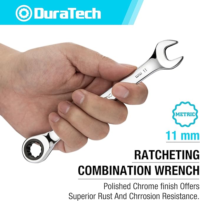 DURATECH 11mm Ratcheting Combination Wrench, SAE, 72-Tooth, 12-Point, CR-V Constructed with Mirror Polish