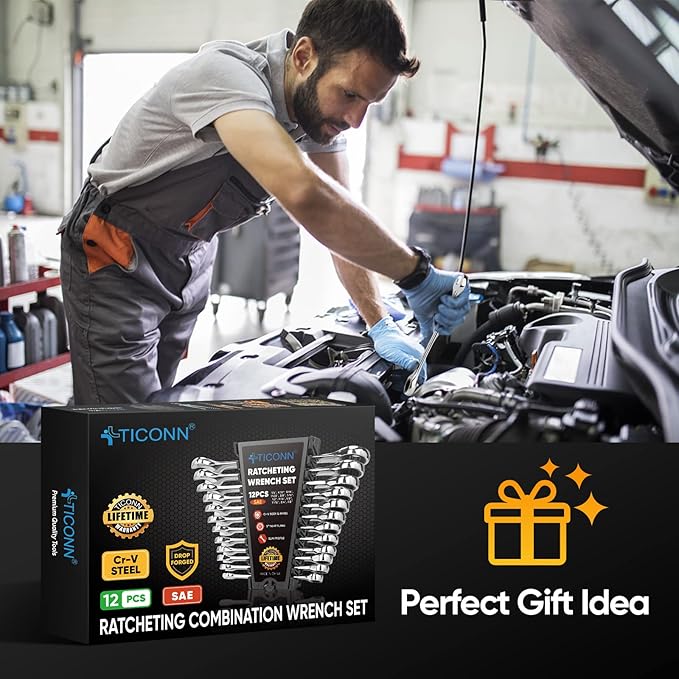 TICONN 12PCS Ratcheting Wrench Set, Professional Slim Profile Mechanic Cr-V Ratchet Wrench Set with Organizer Rack (12PCS Inch (SAE))