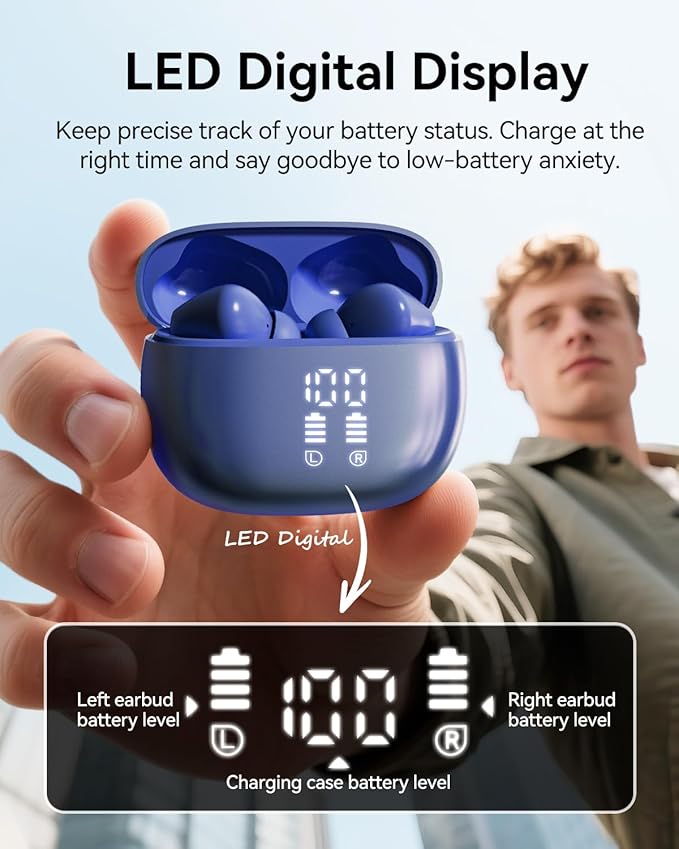 Wireless Earbuds, Bluetooth Ear Buds Headphones with LED Charging Case, Deep Bass Stereo Sound, 40 Hours Playtime, IP7, Lightweight in-Ear Earphones for iPhone Android Sports Workout