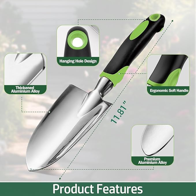 Garden Tools Set, 4 Packs Aluminum Alloy Heavy Duty Gardening Tools with Ergonomic Rubberized Non-Slip Handle, Lawn and Garden Hand Tools Gifts for Men Women (Green)