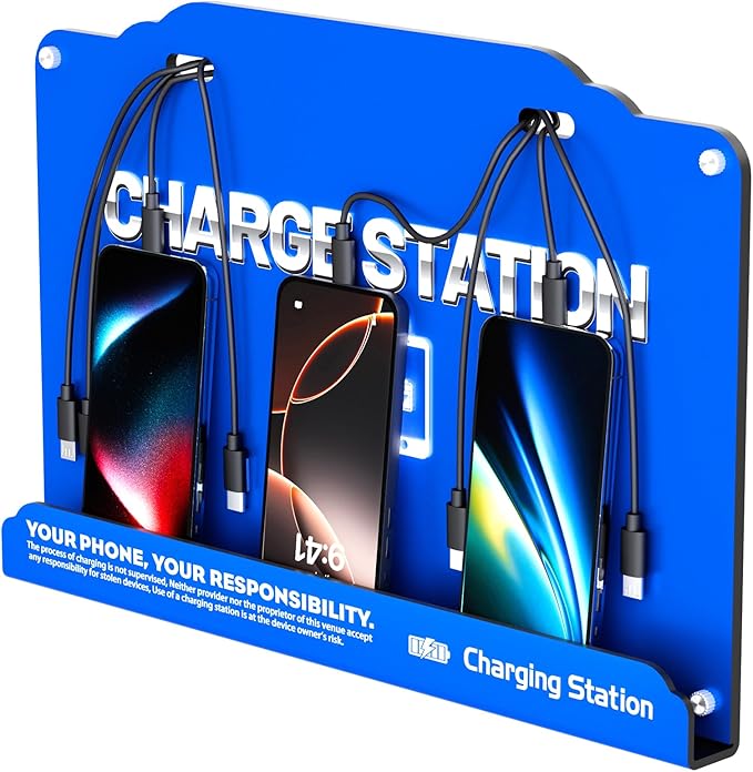Wall Mounted 8 Port Charging Station with Fast Charigng Cables – Multi Device Charging Dock for Office, Hotel & Public Spaces | Compatible with iPhone ipad Smartphone Tablets Android Port (Blue)