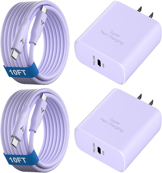 45W Super Fast Charger USB C, 45 Watt Type-C Android Phone Charger Fast Charging Block with 10FT Type C Cords for Samsung Galaxy S25 Ultra/S24 Ultra/S24+/S23 Ultra/S22 Plus/S20,Tab S9/S8 Ultra(Purple)