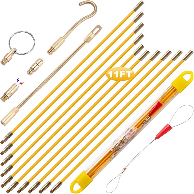 11' Fiberglass Running Electrical Wire Cable Pulling Fish Tape Kit with 5 Different Attachments and Fish Tape Tool in a Carrying Case