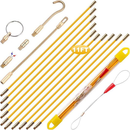 11' Fiberglass Running Electrical Wire Cable Pulling Fish Tape Kit with 5 Different Attachments and Fish Tape Tool in a Carrying Case