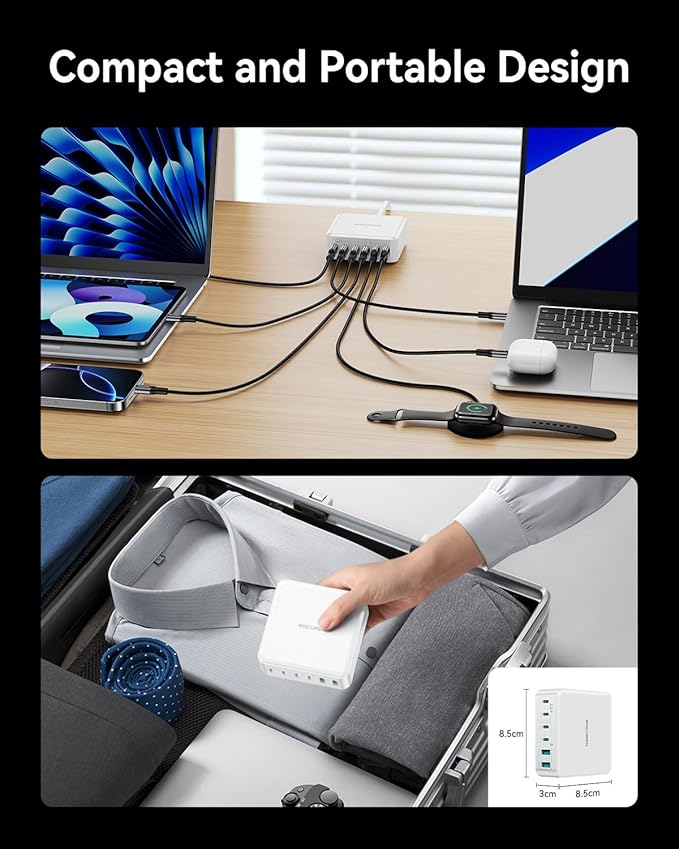 270W USB C Charger Block, Rocoren 6 Port Multi USB-C Charging Station,100W PD Fast USBC Gan Charger Station Hub Dock for Multiple Devices, Laptop Type C for MacBook/iPhone 16/iPad/Galaxy S25