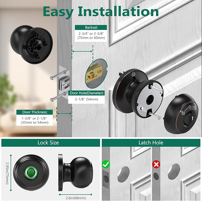 GeekTale Fingerprint Door Lock for Bedrooms, Fingerprint Door Knob with Lock, Smart Door Lock, App Control, Back-up Keys, Thumbprint Door Knob for Bedrooms, Office, Apartment