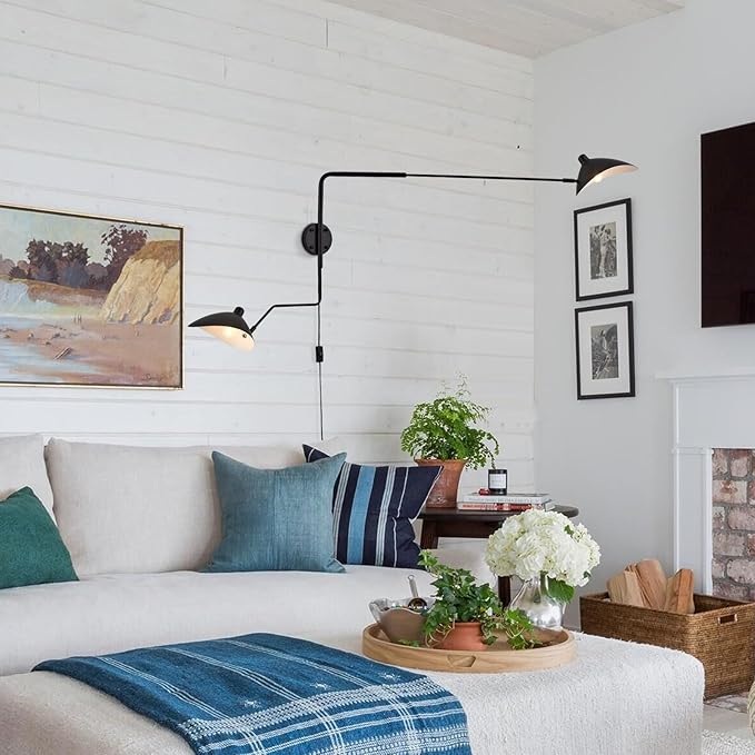 67" Mid-Century Wall Sconce Plug in with Adjustable 2-Arms, Matt Black Wall Lights with On/Off Cord for Bedroom, Living Room, Dining Room 2-Light