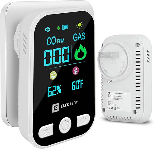 Carbon Monoxide Detectors & Natural Gas Alarm – 4-in-1 Portable Plug-in Detector with Battery Backup, LCD Display, Temperature & Humidity, CO & Gas Leak Sensor for Home, Apartment, RV & Travel