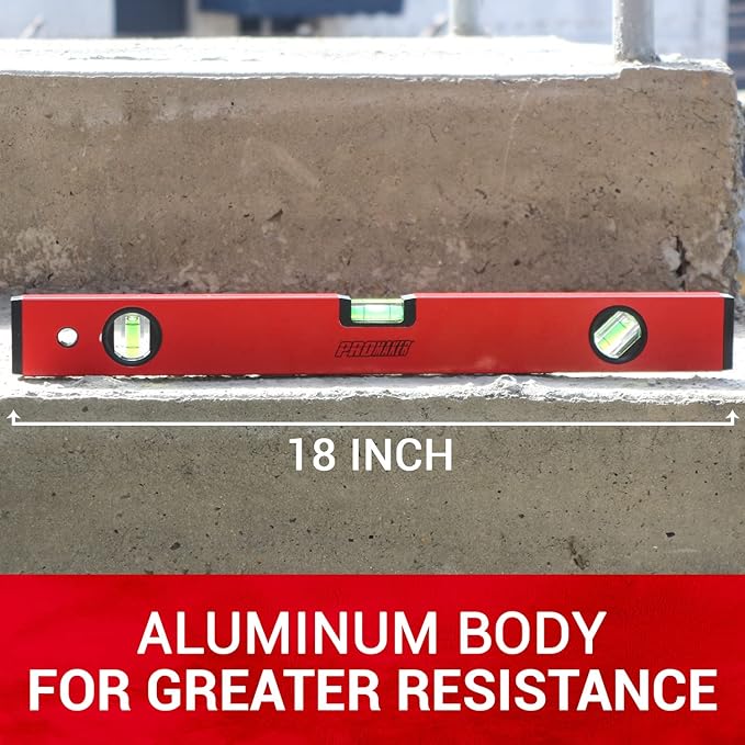 PROMAKER 18 inch Level, Magnetic Level with 180° 90° 45° bubbles, Shock Resistant, Aluminum Body, Level Tool with Overhead Viewing for Comfortable read PRO-NV030