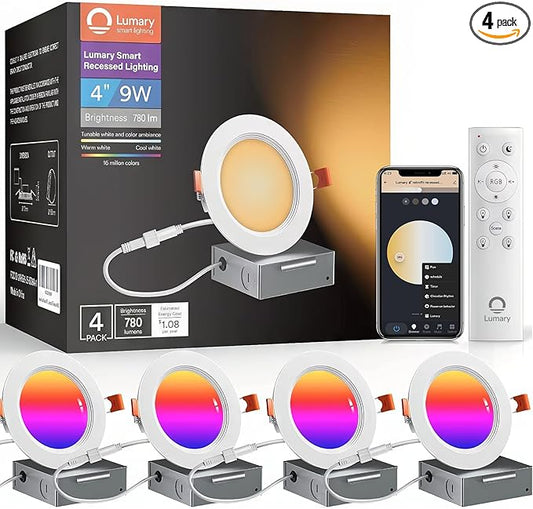 Lumary Smart Recessed Lighting 4 Inch with Remote, Work with Alexa/Google, Canless WiFi Led Wafer Recessed Lights, RGBWW Ceiling Downlight with J-Box and Metal Anti-Glare Baffle Trim, 4PACK