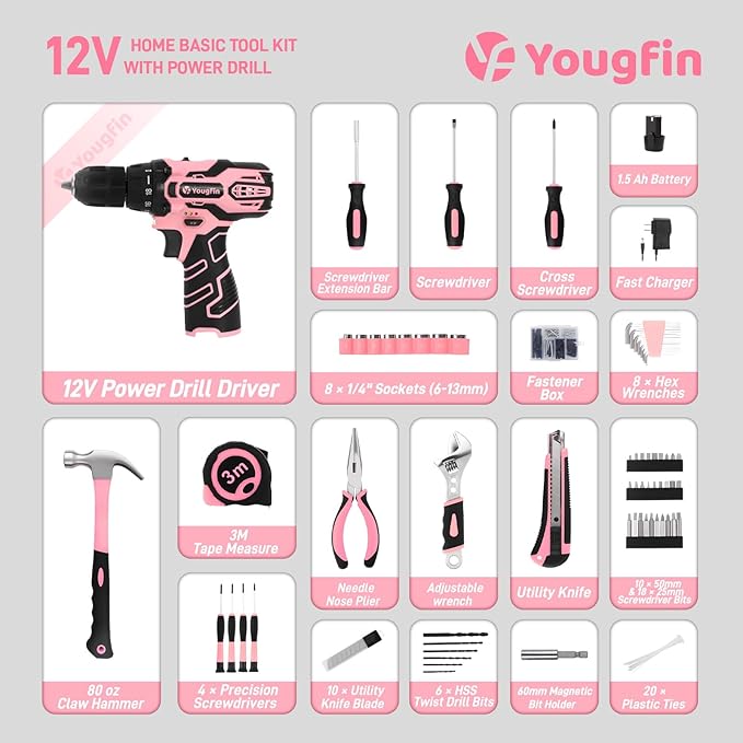 YOUGFIN Pink Drill Set for Women, Tool Kit with Drill 12V or Home Office Repairing & Improvement, Household Drill Set Power Tool with Pink Tool Box 195 Pieces