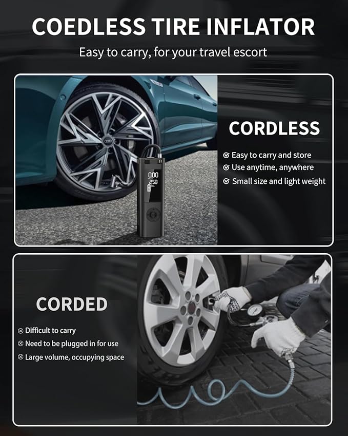 Tire Inflator Portable Air Compressor - 150PSI 4x Faster Portable Tire Inflator for Car - Air Pump For Car Tires with Digital Pressure - Auto Shut-off Smart Air Pump Suitable SUV, Bike Moto and More
