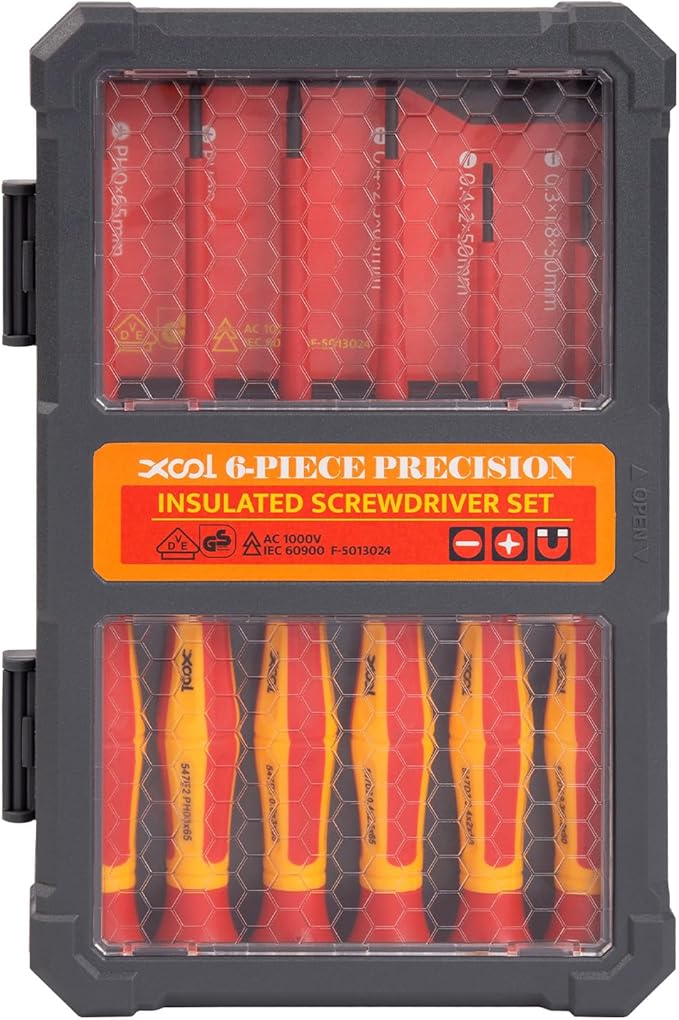 XOOL 6PCS 1000V Insulated Precision Electrician Screwdrivers Set, Slotted and Phillips Magnetic Tip, Chrome Vanadium Steel, VDE & GS Certified for Safe Electrician Repair