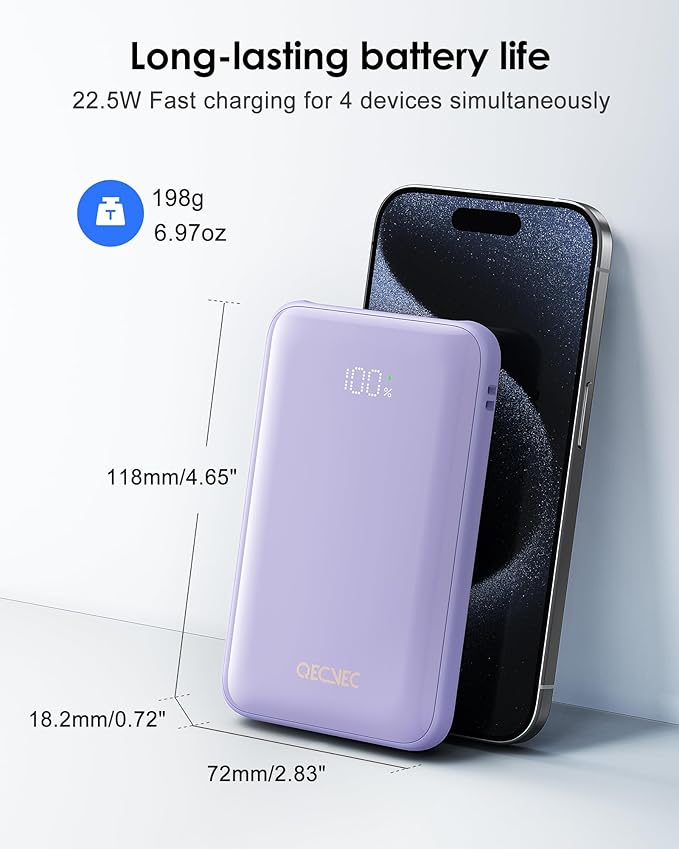 Portable Charger 10000mAh, Cell Phone Portable Power Banks with 22.5W PD Fast Charging, Compact Phone Charger Built in Cable, Compatible with Apple, Samsung, Google, Motorola and More