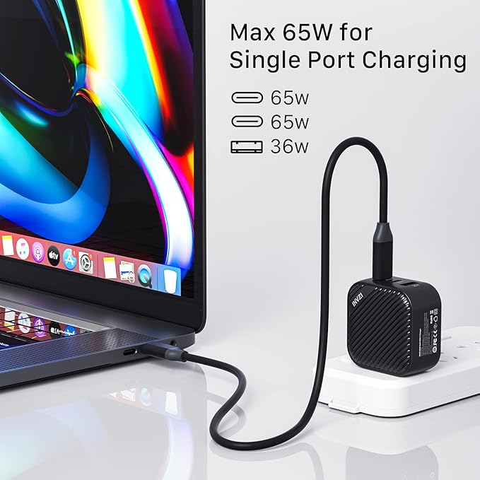 INVZI GaNHub 65W GaN USB C Charger 3-Port, PPS PD Fast Charger Foldable Wall Charger for MacBook Pro/Air, iPad Pro, iPhone 16/15 Pro Max, Galaxy S24/S23, Pixel, Steam Deck and More