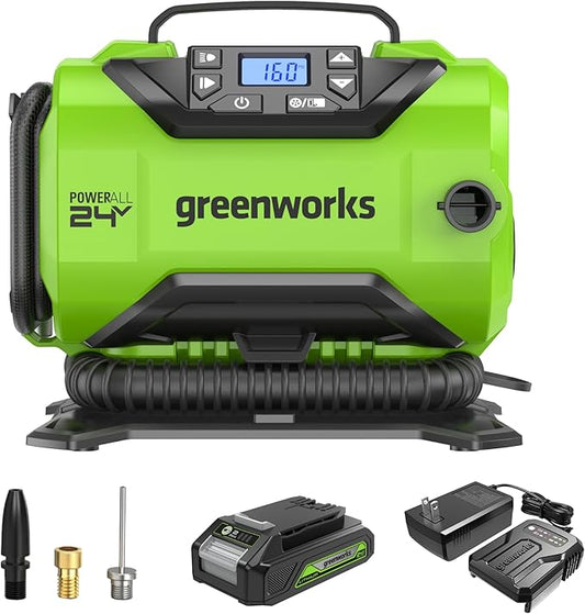 Greenworks 24V Cordless Tire Inflator, 160 PSI Portable Air Compressor, 2 Power Sources, Auto Shut Off, for Car, Bicycle, Motorcycle, Air Boat, Inflatables With 2.0 Ah Battery & 2A Fast Charger