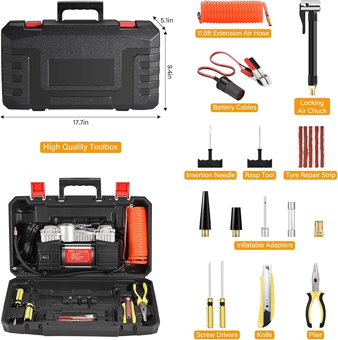 GSPSCN Portable Air Compressor Pump Tire Inflator with Digital Gauge, Heavy Duty Double Cylinder 12V Tire Pump 150 PSI with Tire Repair Kit and Toolbox for Auto,SUV,Off-Road,Truck,Bike