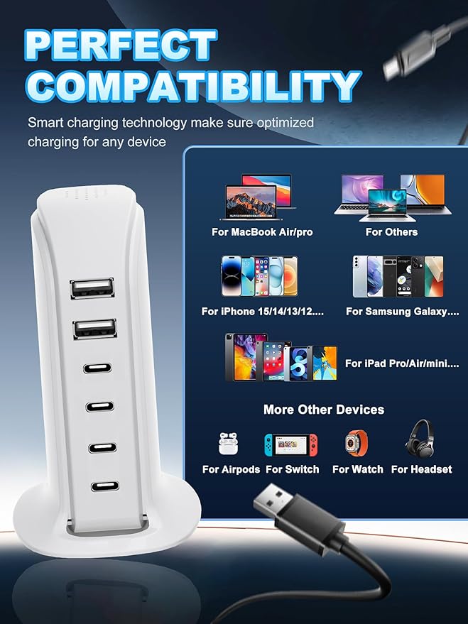 USB Charger, Charging Station for Multiple Devices 65W, Fast Charging Blocks with 4Type C Ports, Dual USB Charging Hub Organizer Multiport for iPhone, Ipad, Smartphones, Travel Accessories