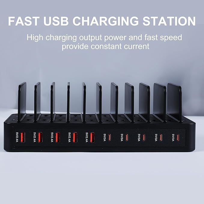 100W 10-Port Smart Charging Station | 5 USB-A & 5 USB-C Ports | Organized Design for Cellphones, Tablets, Watches & More (Black)