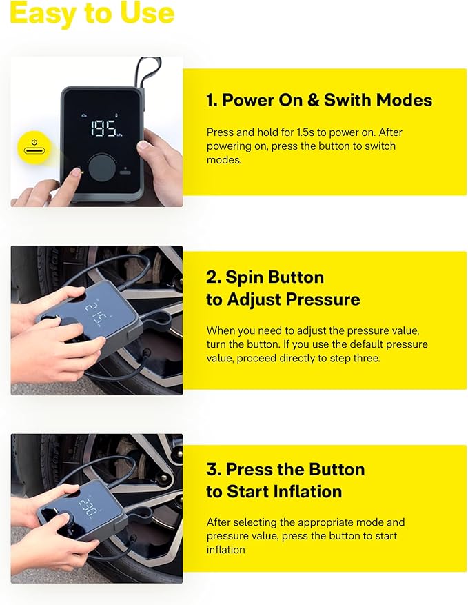 HOTO Tire Inflator Portable, Electric Air Pump Pro for Car Tires with Digital Pressure Gauge 120PSI, Cordless Tire Pump with 12V Motor, 7500mAH Battery, Air Compressor for Car, Motorcycle, Bike, Ball