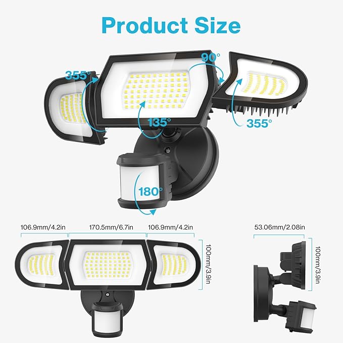 Olafus 100W LED Security Light Motion Sensor Outdoor Light, Motion Flood Light Dusk to Dawn, 9000LM Super Bright 6500K Exterior Motion Detector Floodlight for Garage Yard Porch Eave IP65, Black
