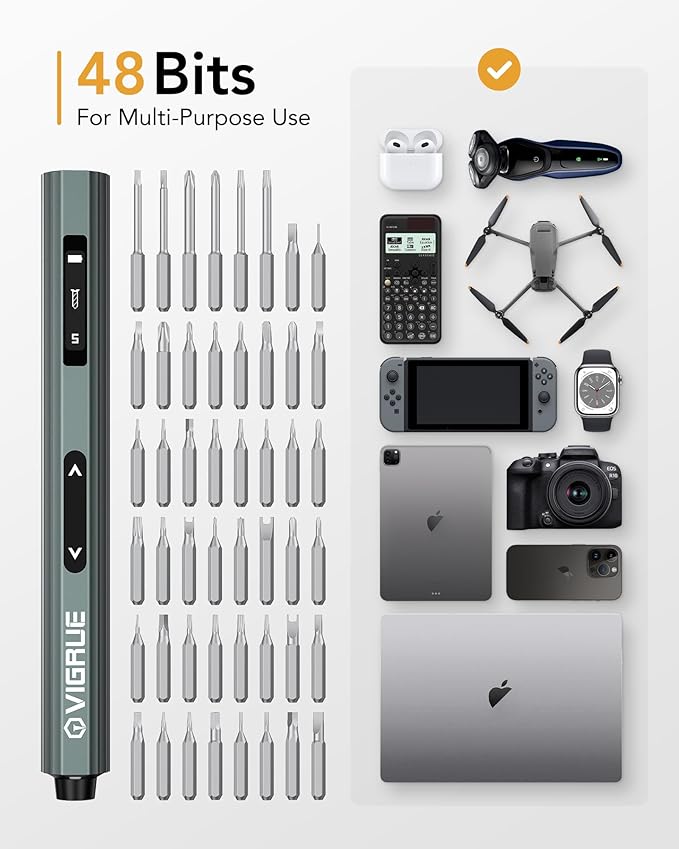 VIGRUE Electric Screwdriver with Display, Mini Cordless Precision Screwdriver Set with 48 Magnetic Bits, Small Electric Screwdriver For Electronics Laptops Glasses Clocks