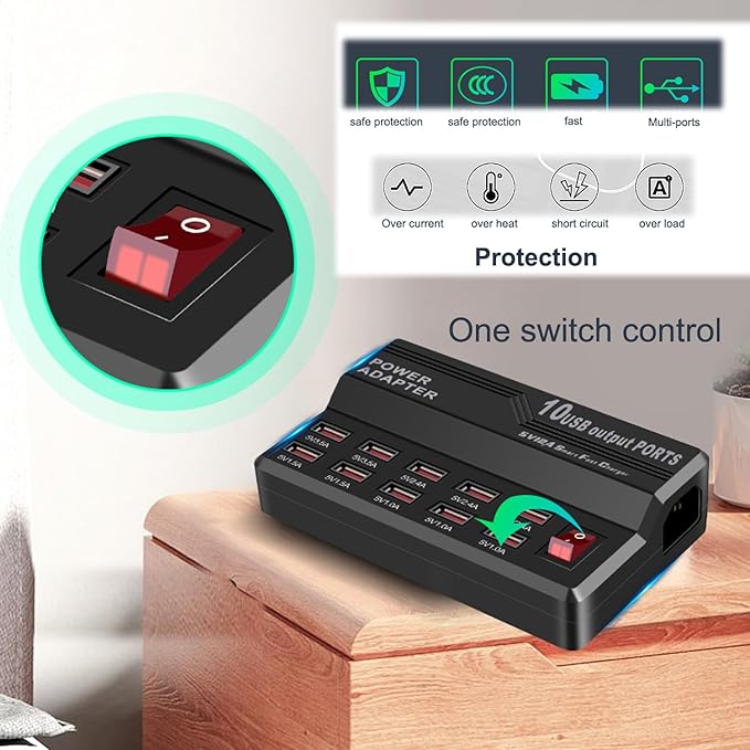 MaxLax USB Charging Station,10 Port 60W Multiple USB Charger Station,Multi Ports Charger Charging for Smartphones,Tablets,and Many Devices.