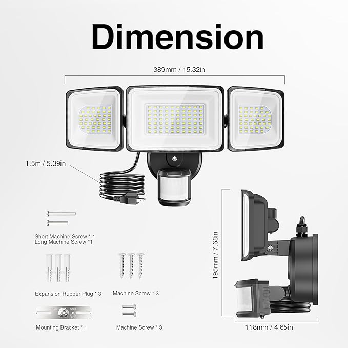 Onforu 100W LED Motion Sensor Outdoor Lights Plug in, Dusk to Dawn Flood Security Lighting Outside, Motion-Activated Detector Exterior Photocell Light Fixture, 9000LM 6500K IP65 Waterproof (Black)