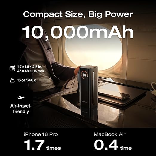 EF EcoFlow Rapid Pro 3-in-1 Power Bank, 10,000mAh Battery Pack with 67W Foldable AC Plug, Detachable USB-C Cable, 45W Fast Recharging, LCD Display, Compatible with Phones, Laptops, and More