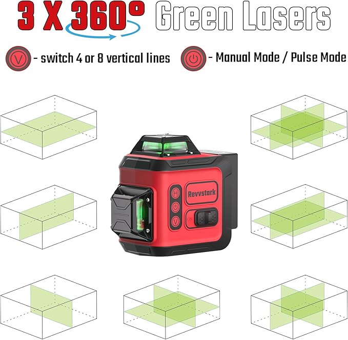 Laser Level Pro Kit, 3X360° Self-leveling Tool for Construction, Tiling Floor & Picture Hanging, 3D Cross Line Level with Fine-tuning Bracket, 12 Lines level Tool with 2 * 2400mAh Battery