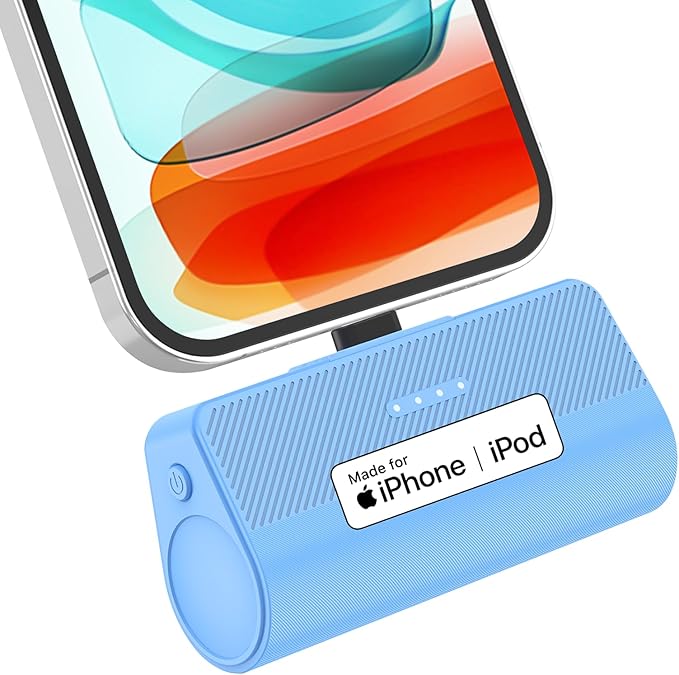 KKD Portable Charger for iPhone, Built-in MFi Certified Plug, 5000mAh Small Portable Phone Charger Power Bank for iPhone 14/13/12/11/XR/X/SE/8/7/6/6s/Pro Max/Plus,iPad,Blue
