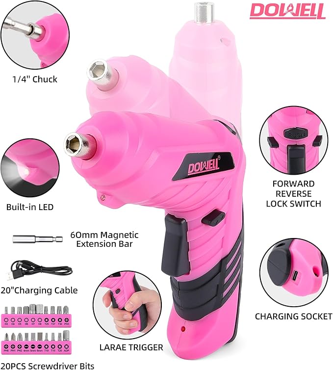 143 Pcs Pink Homeowner Tool Set with 3.6V Cordless Screwdriver General Household Hand Tool Kit with Plastic Tool box Storage Case for Women,Men