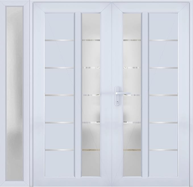 VDOMDOORS Front Exterior Prehung Metal-Plastic Double Doors/MANUX 8088 White Silk/Sidelite Exterior Window/Residential Doors Entrance Patio Garage 88 x 80