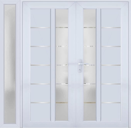 VDOMDOORS Front Exterior Prehung Metal-Plastic Double Doors/MANUX 8088 White Silk/Sidelite Exterior Window/Residential Doors Entrance Patio Garage 88 x 80