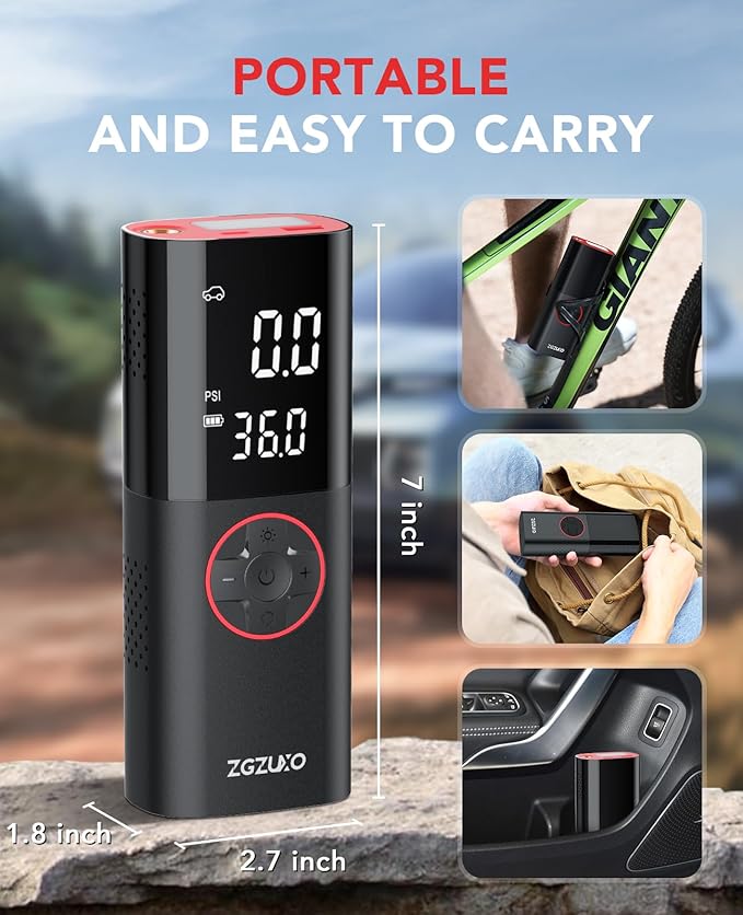 Tire Inflator Portable Air Compressor, 150PSI Rechargeable Air Pump for Car Tires with Battery, Cordless Tire Pump with Pressure Gauge & LCD Dual Screen, for Cars, Motorcycles, Bikes, Balls