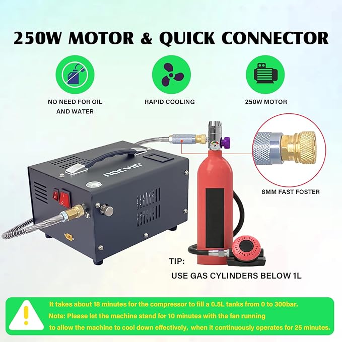 Pcp air compressor 4500PSI Portable PCP Compressor, 12V DC/110V AC PCP Airgun Compressor Manual-stop, w/External Power Adapter, Built-in Fan, Suitable for Paintball, Air Rifle, Scuba Bottle