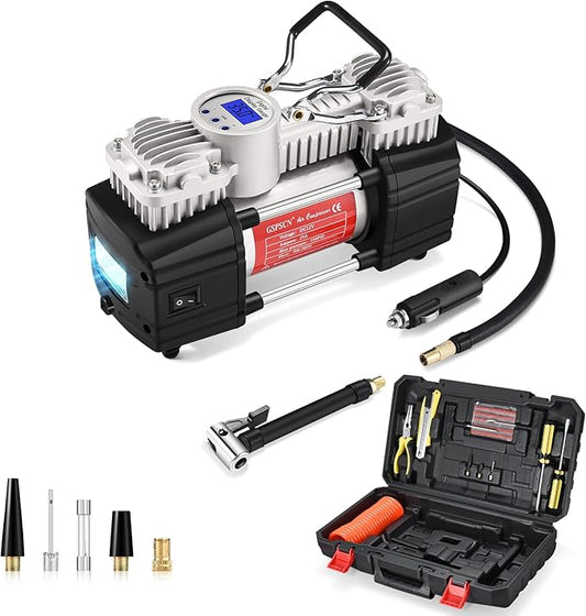 GSPSCN Portable Air Compressor Pump Tire Inflator with Digital Gauge, Heavy Duty Double Cylinder 12V Tire Pump 150 PSI with Tire Repair Kit and Toolbox for Auto,SUV,Off-Road,Truck,Bike